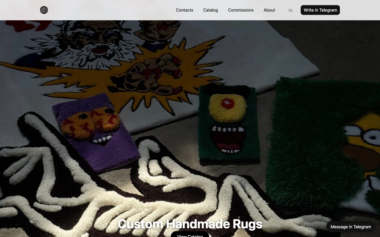 Desktop screenshot of the RugFlag homepage, showing handmade tufted rugs and the site navigation